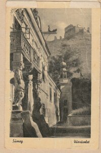 Sümegi képeslap a püspöki palotával és várrészlettel
